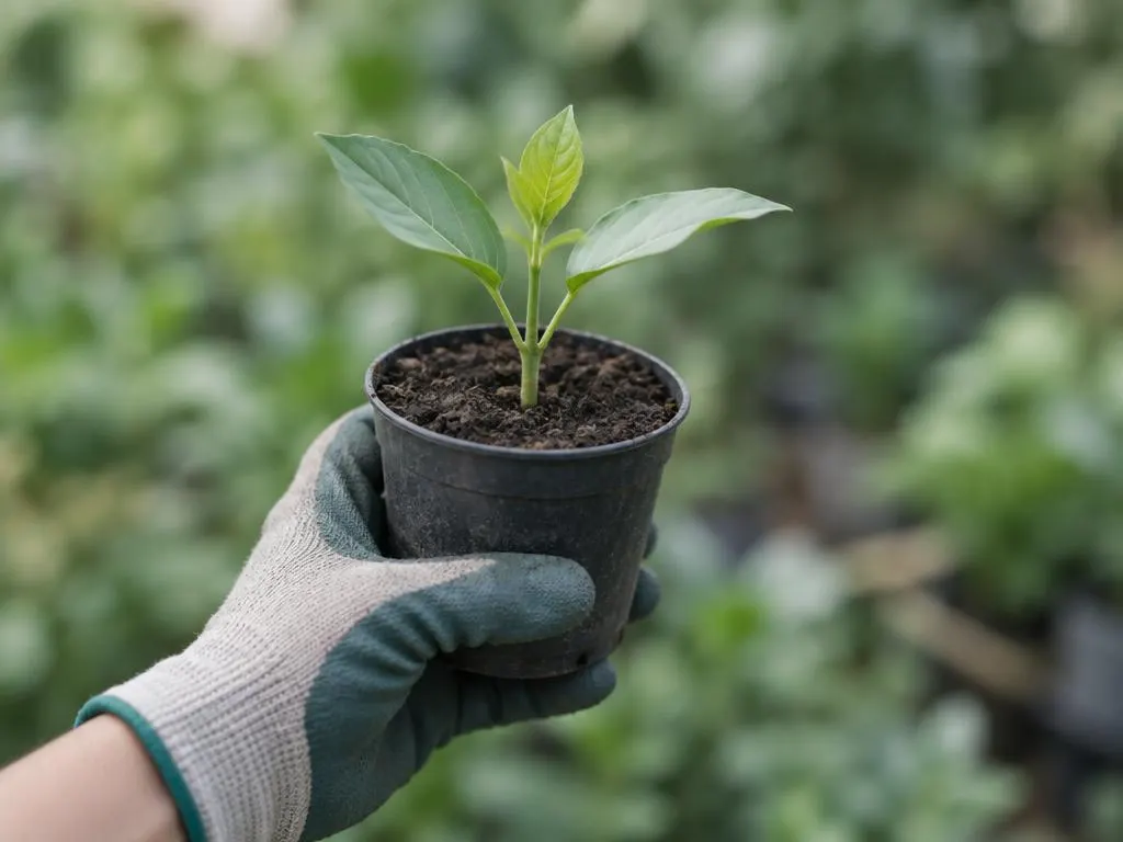 Gloved hand holding a young seedling in a small pot with greenery behind