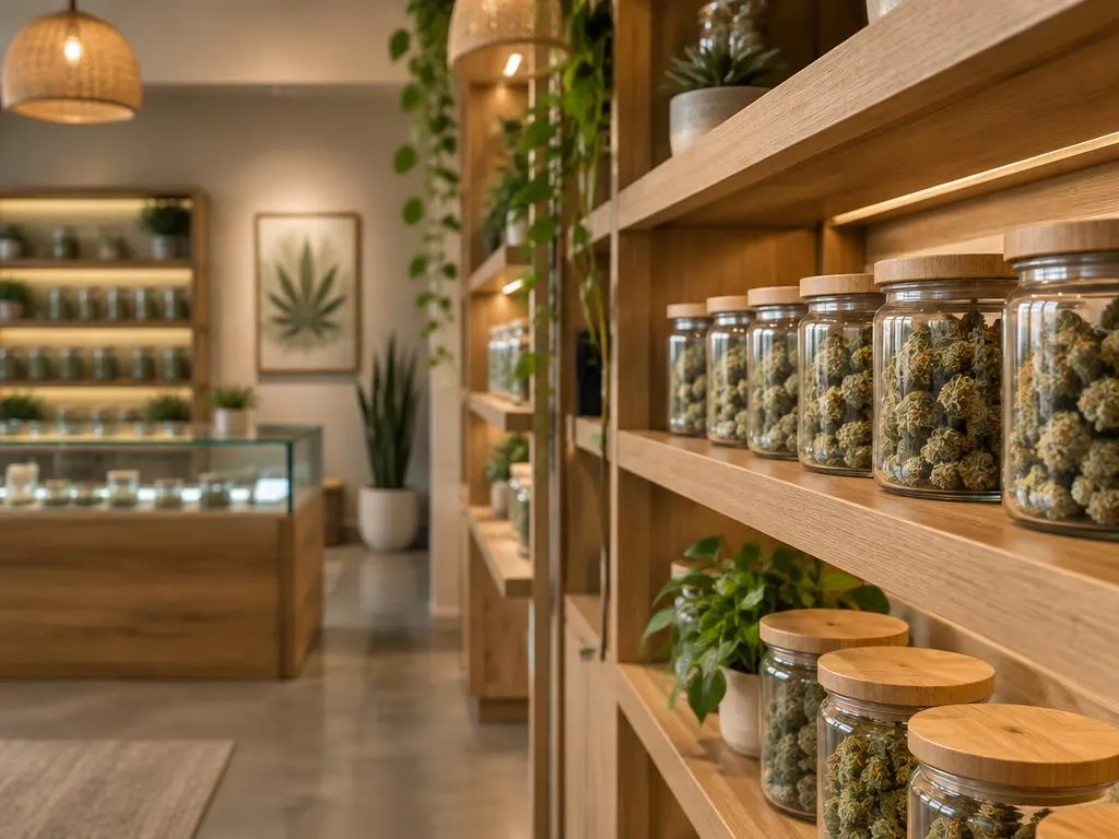 Warm modern dispensary interior with wooden shelving and neatly arranged glass jars