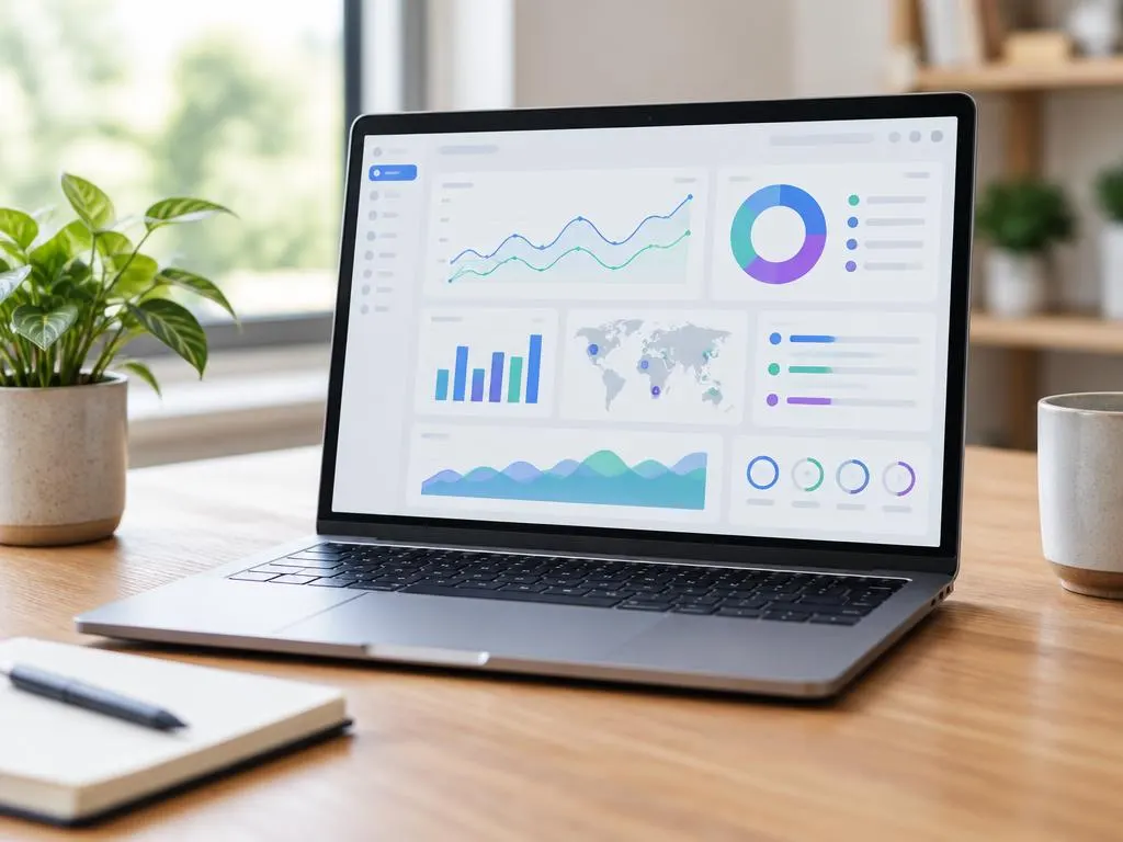Laptop on a wooden desk showing a generic analytics dashboard