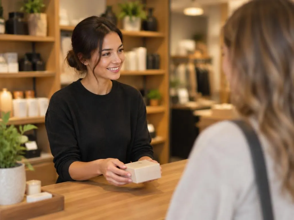 Retail associate at a wooden counter helping a customer
