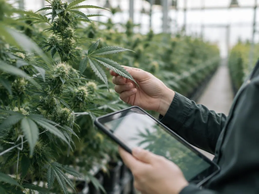 Grower checking a cannabis leaf while holding a tablet in front of grow rows