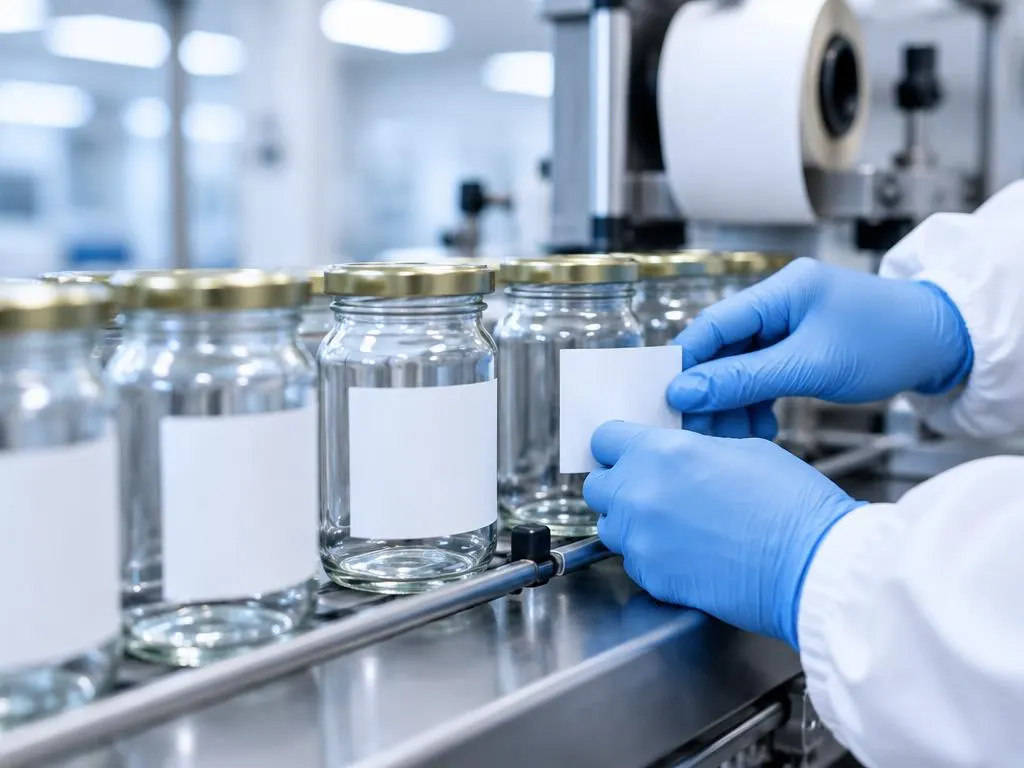 Gloved hands applying blank labels to glass jars on a production line