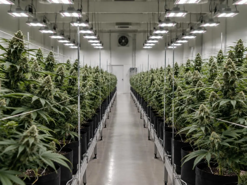 Long rows of cannabis plants under overhead lights in a clean indoor grow facility