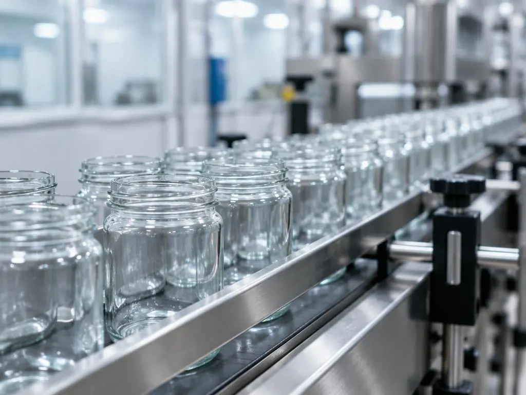 Rows of glass jars on a stainless-steel production line under clean lab lighting